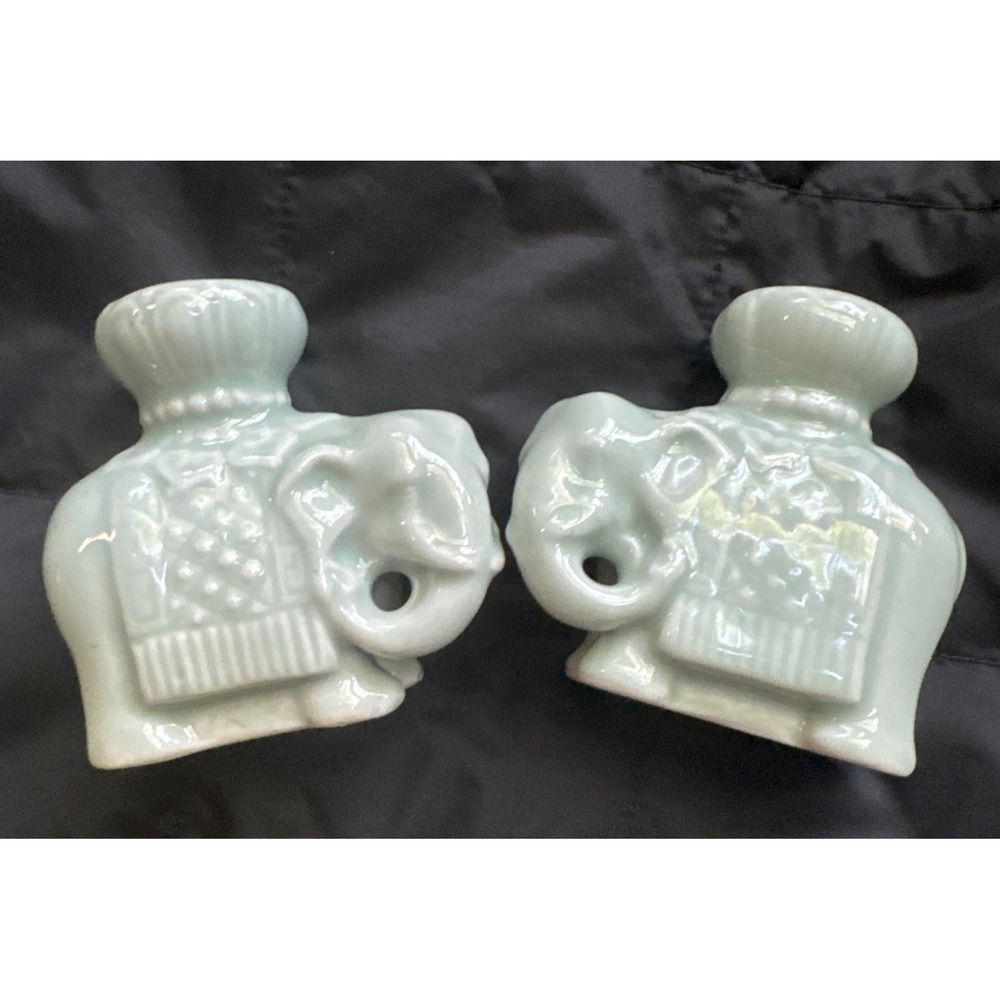 Chinese Elephant Candle‎ Holders Celadon Glaze Pottery Set Of 2 Vintage MCM Aqua
